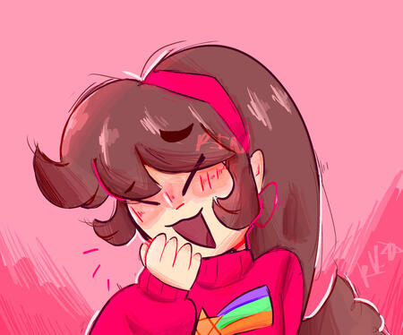Mabel Pines from Gravity Falls laughing at something.
